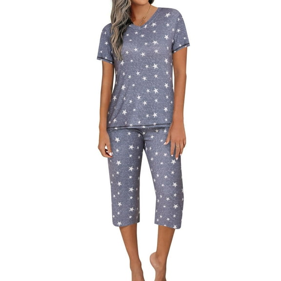 Ekouaer Women's Capri Lounge Sets 2 Piece Short Sleeve Pants Loungewear Outfits