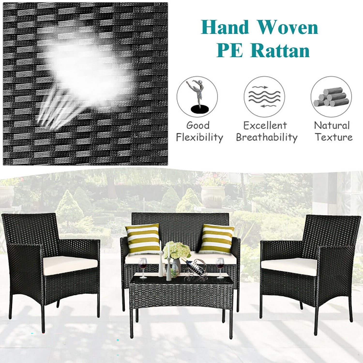 Aimee Lii 4 Pcs Patio Wicker Furniture Set, Cushioned Sofa Furniture, Small Patio Set, White Aimee Lii 4 Pcs Patio Wicker Furniture Set, Cushioned Sofa Furniture, Small Patio Set, White