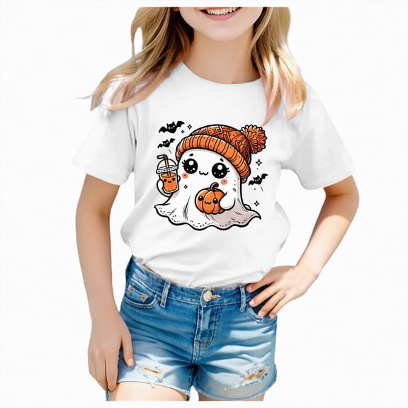 CAUYDY Toddler Boys Girls Halloween Shirts Pumpkin T Shirt Kids Short Sleeve Cute Graphic Tee Tops(White,10-11 Y)