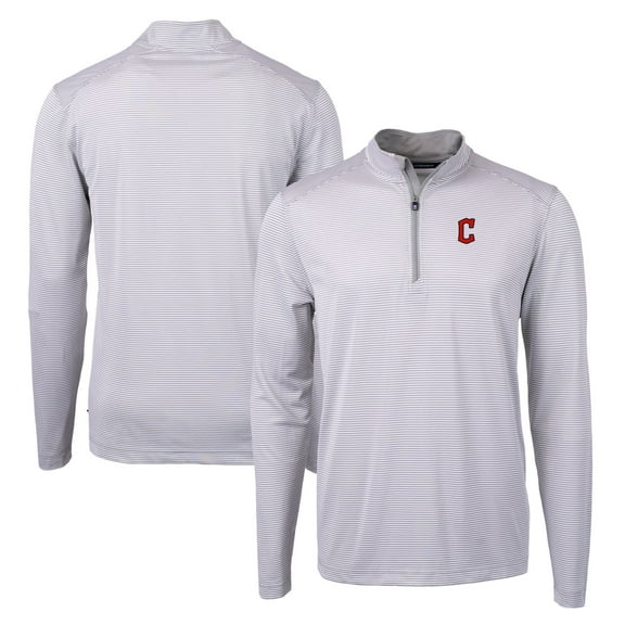 Men's Cutter & Buck Gray/White Cleveland Guardians Virtue Eco Pique Micro Stripe Recycled Quarter-Zip Pullover Top