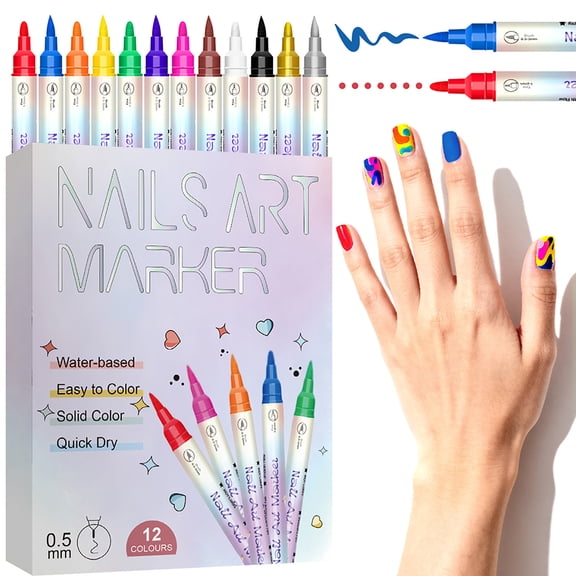 Ferjadq 12 Colors NailArt Pens Set 3D 0.5MM Nail Polish Quick Drying Acrylic Paint Markers DIY Dotting Liner Brush Kit Beauty Manicure Tools