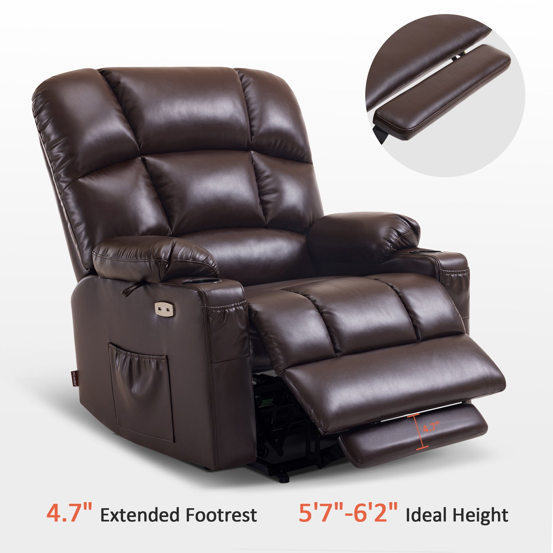 MCombo Large-Wide Lay Flat Dual Motor Power Lift Recliner Chair Sofa with Massage and Heat for Big Elderly People, Infinite Position, Faux Leather R7688 (Dark Brown, Large-Wide)