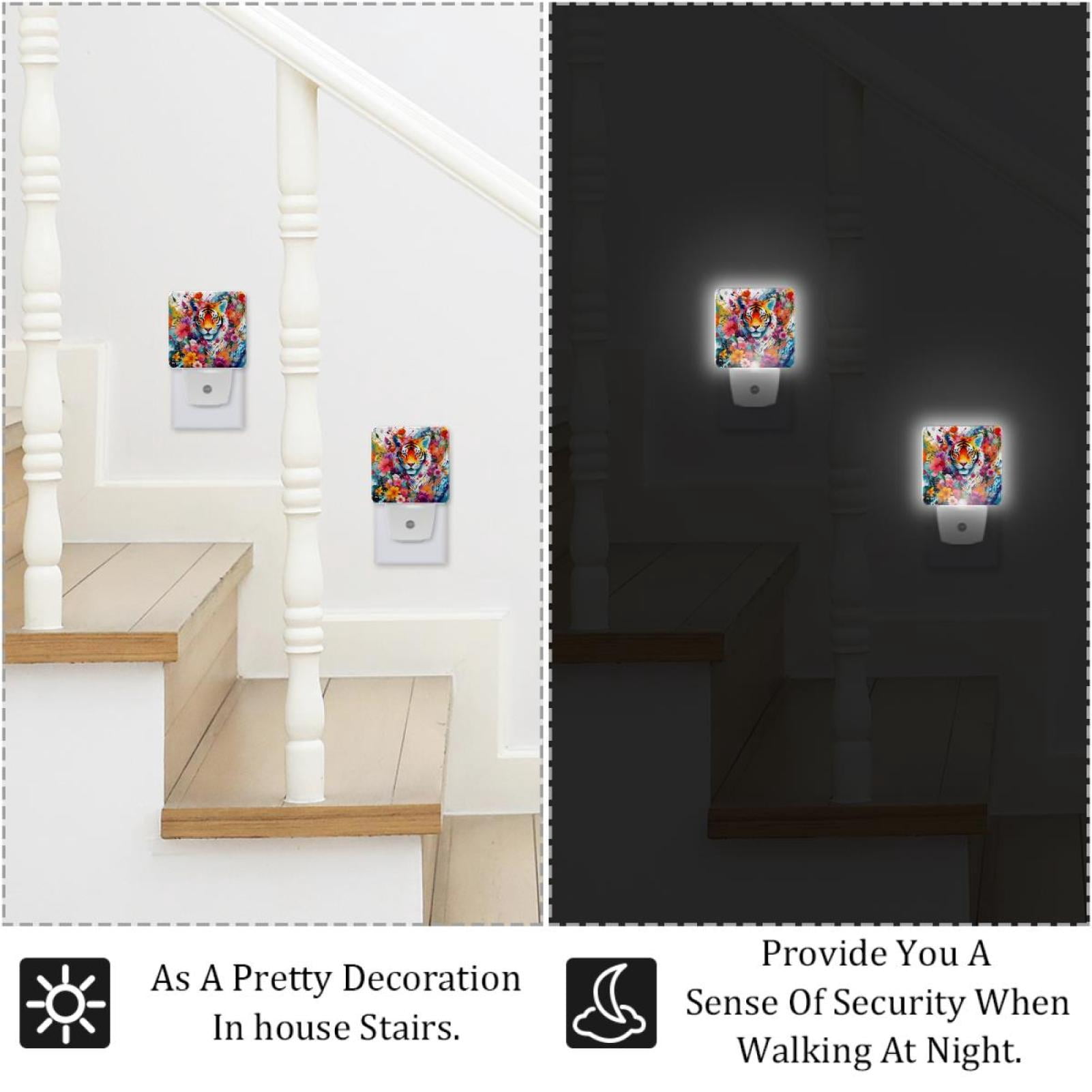 PhooArto Splashes Tiger and Flowers Pattern Plug in LED Night Light Auto Sensor Dusk to Dawn Decorative Night for Bedroom, Bathroom, Kitchen, Hallway, Stairs, Baby's Room, Energy Saving