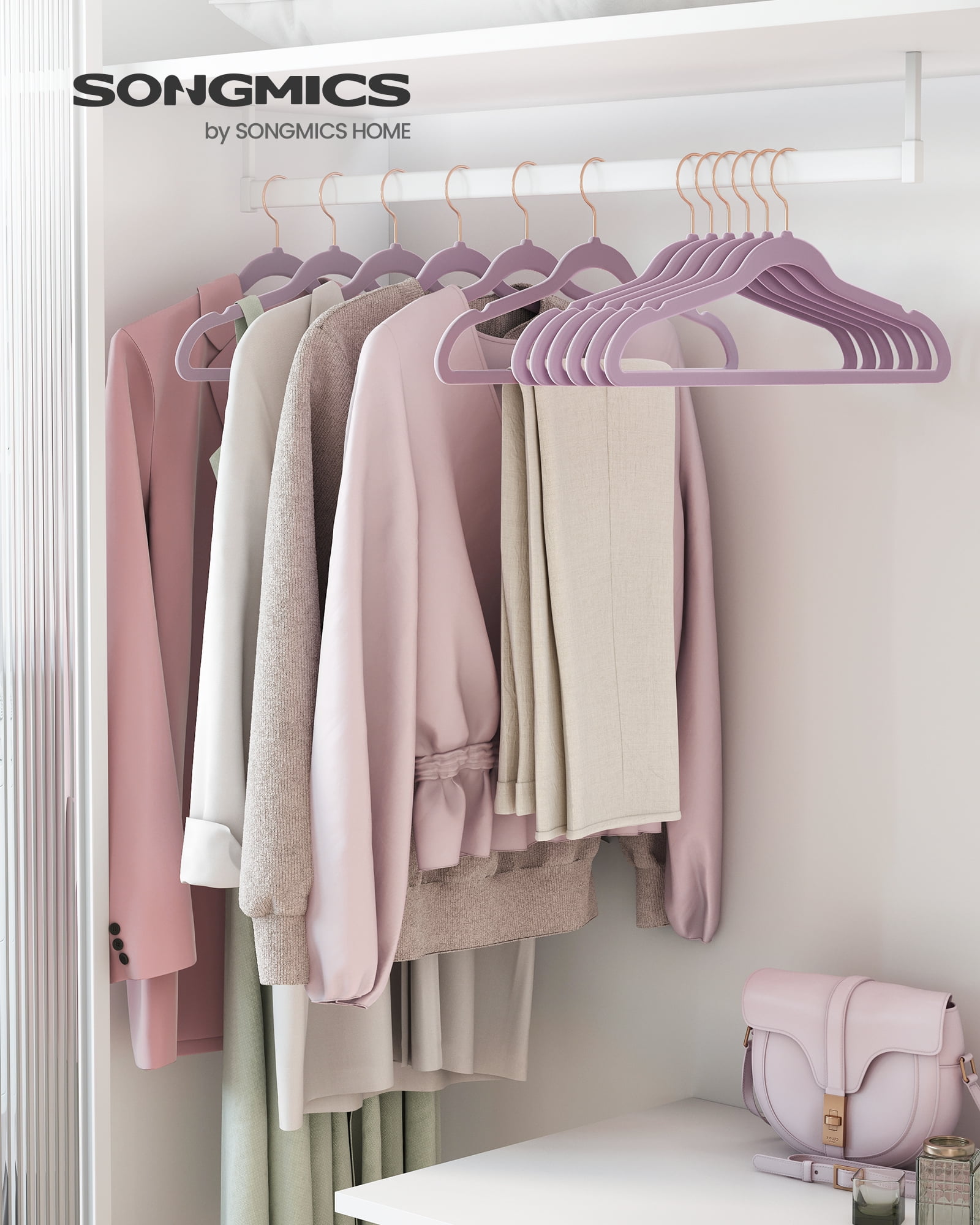50-Pack Velvet Hangers with Rose Gold Swivel Hooks, Non-Slip Heavy-Duty Slim Clothes Hangers, 11 lb Capacity, Light Purple