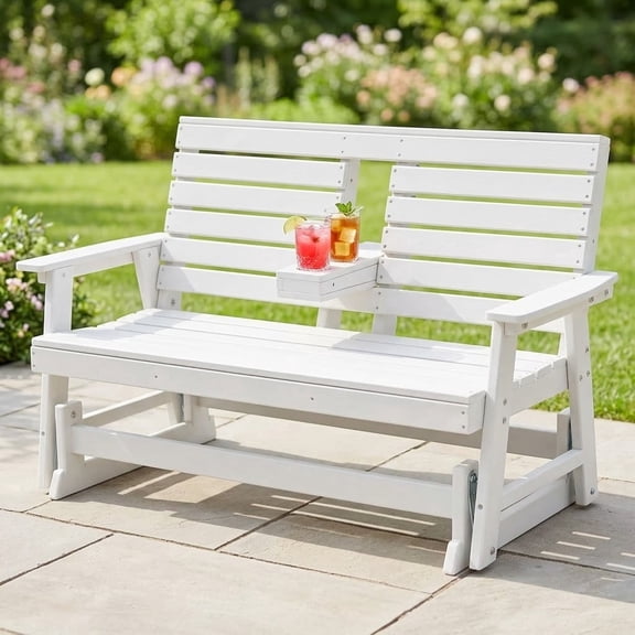Outdoor Glider Bench, 2 Person HDPE Patio Swing Chair with Weather-Resistant Design, Rocking Bench Seat for Porch, Garden, Deck & Backyard White