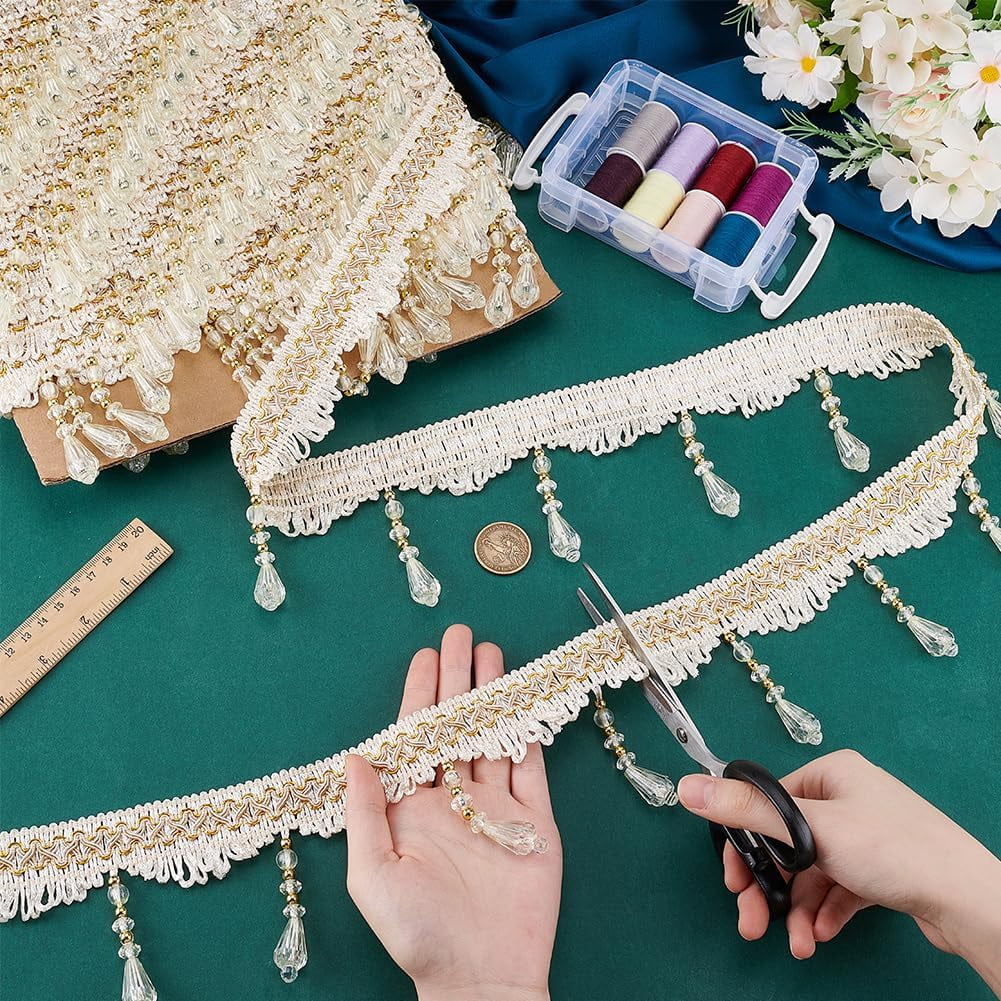 12 Yards Beaded Fringe Trim 3-3/4 inch Sewing Trim Fringe Hanging Tassel Trim Golden Beaded Trim Lace Ribbon for Curtain Tablecloth Home Decor Dress Clothes DIY Crafting