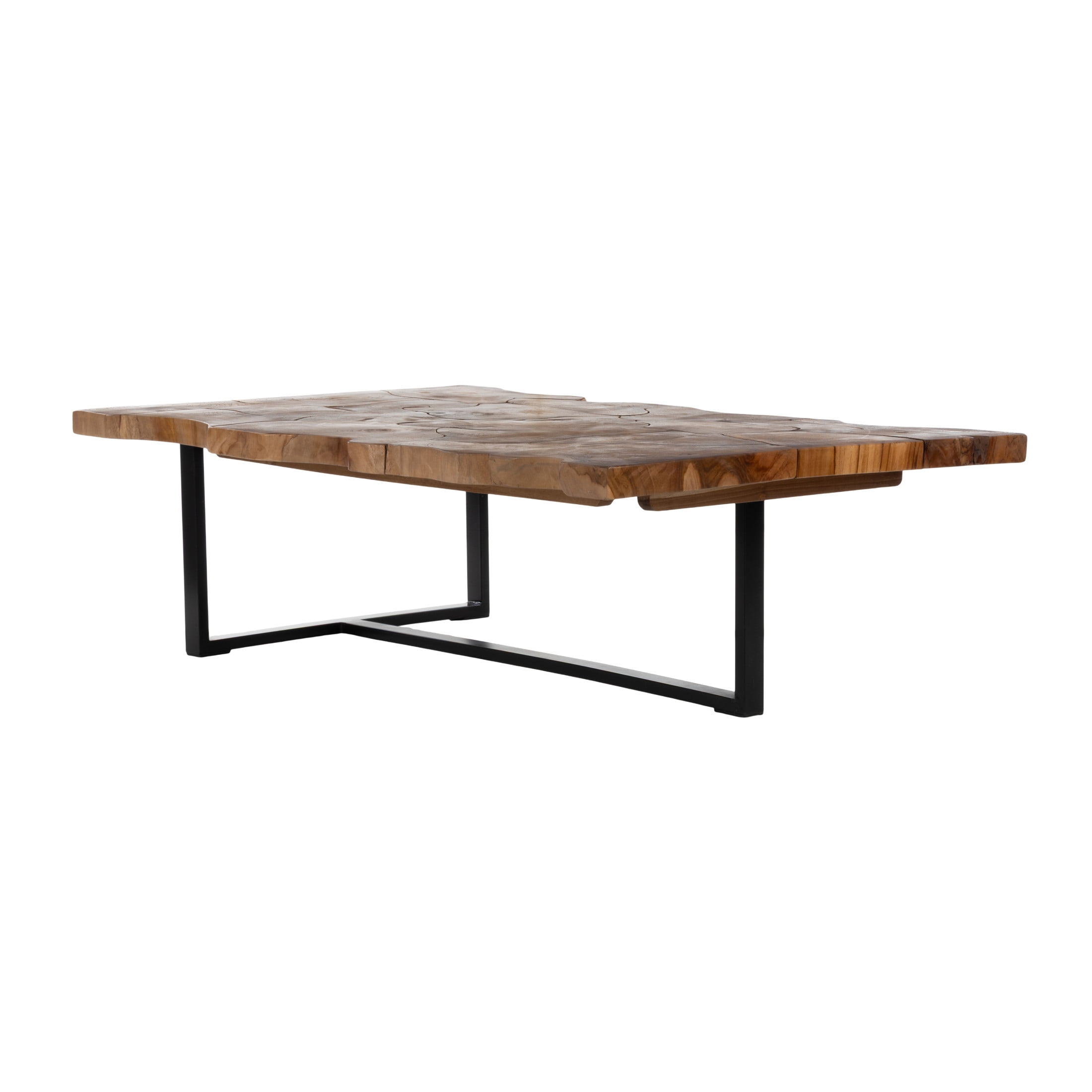 DecMode 49" x 15" Brown Teak Wood Handmade Live Edge Coffee Table with Black Metal Base, 1-Piece