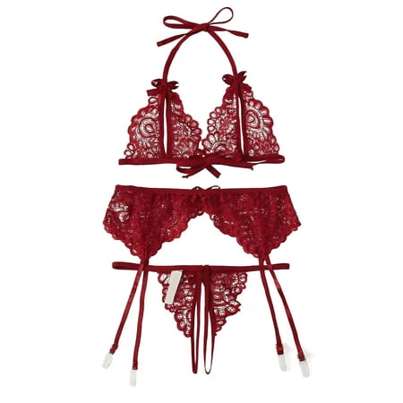 

BIZIZA Purple Lingerie with Garter Belt Clearance Womens Lace Sexy Bra and Panty Sets Halter Sleepwear for Women Wine S