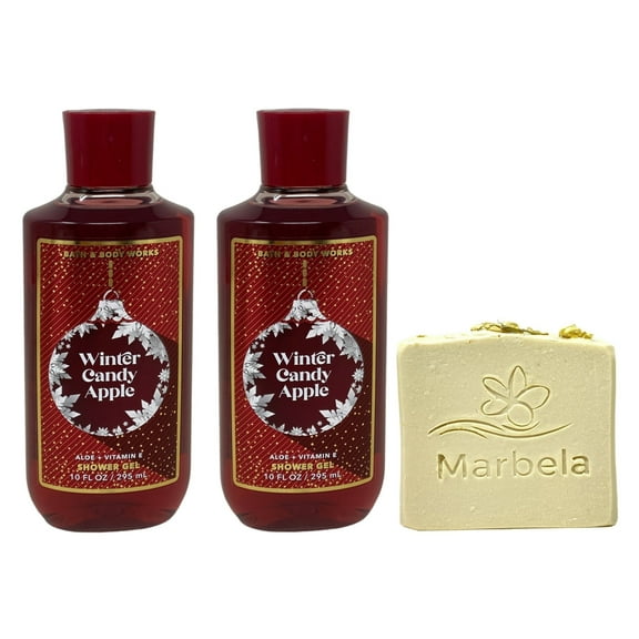 Bath & Body Works Winter Candy Apple Shower Gel 2 Pack with a Marbela Wild Jasmine Bar Soap.