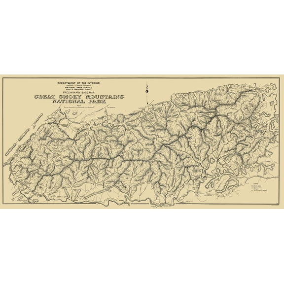 Historic State Map - Great Smoky Mountains National Park - USPS 1934 - 23 x 48 - Vintage Wall Art
