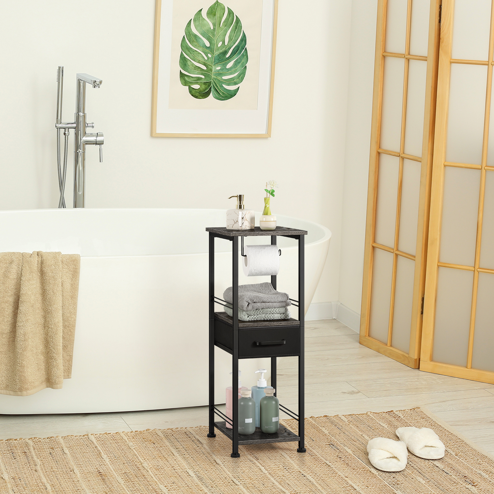 3-Tier Bathroom Storage Cabinet Tissue Holder Black Drawer Gray Divider