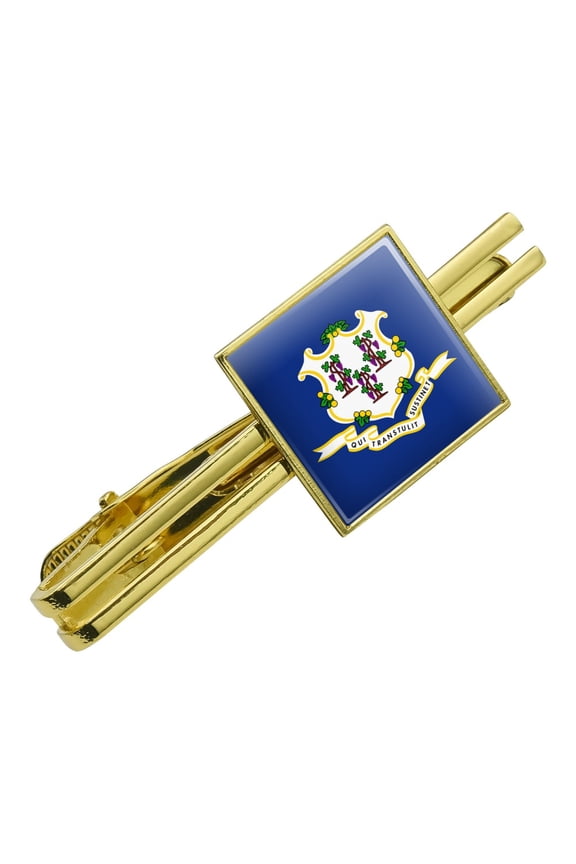 Connecticut State Flag Square Tie Bar Clip Clasp Tack- Silver or Gold