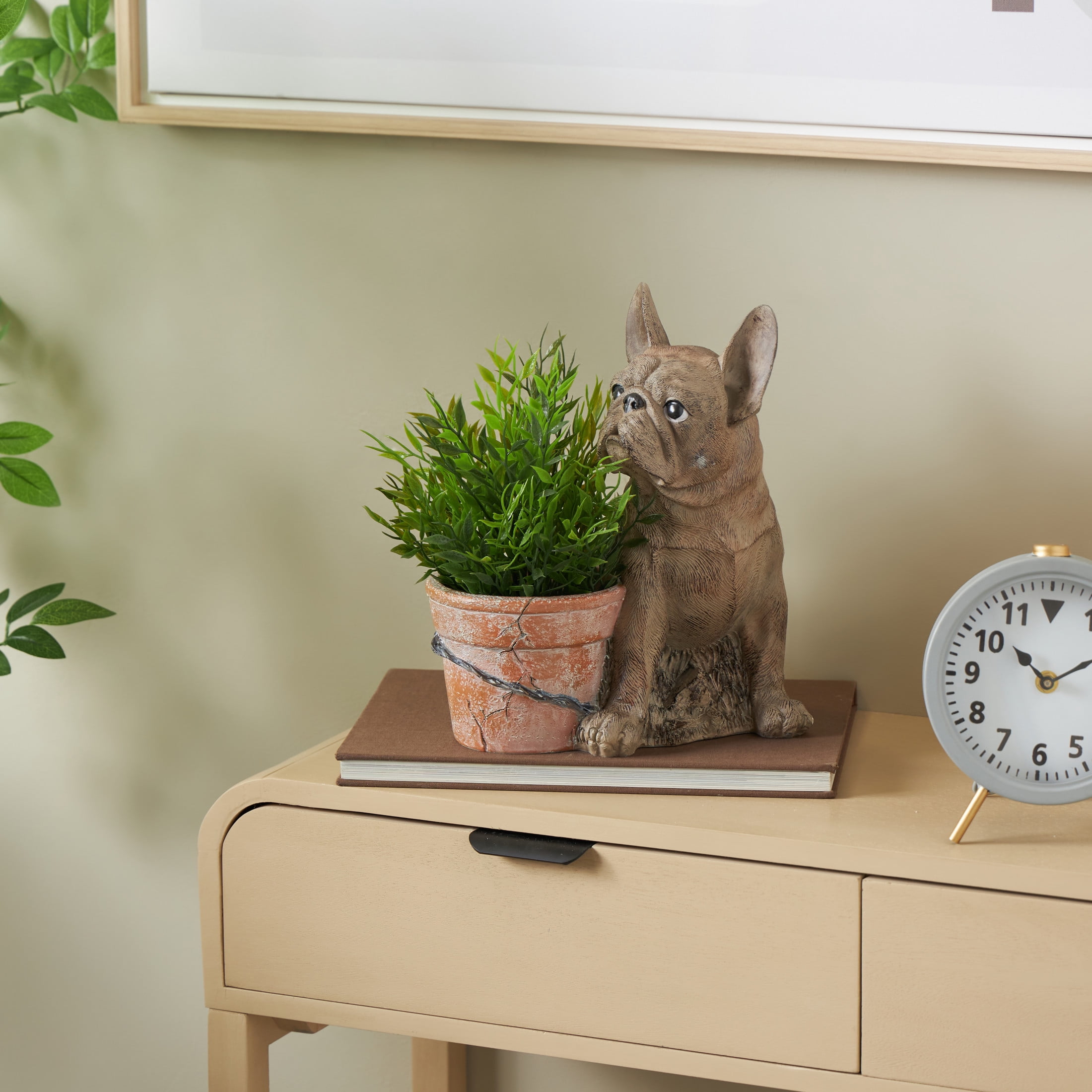 DecMode 10" x 11" Textured Brown Resin Dog Planter with Antique Pot