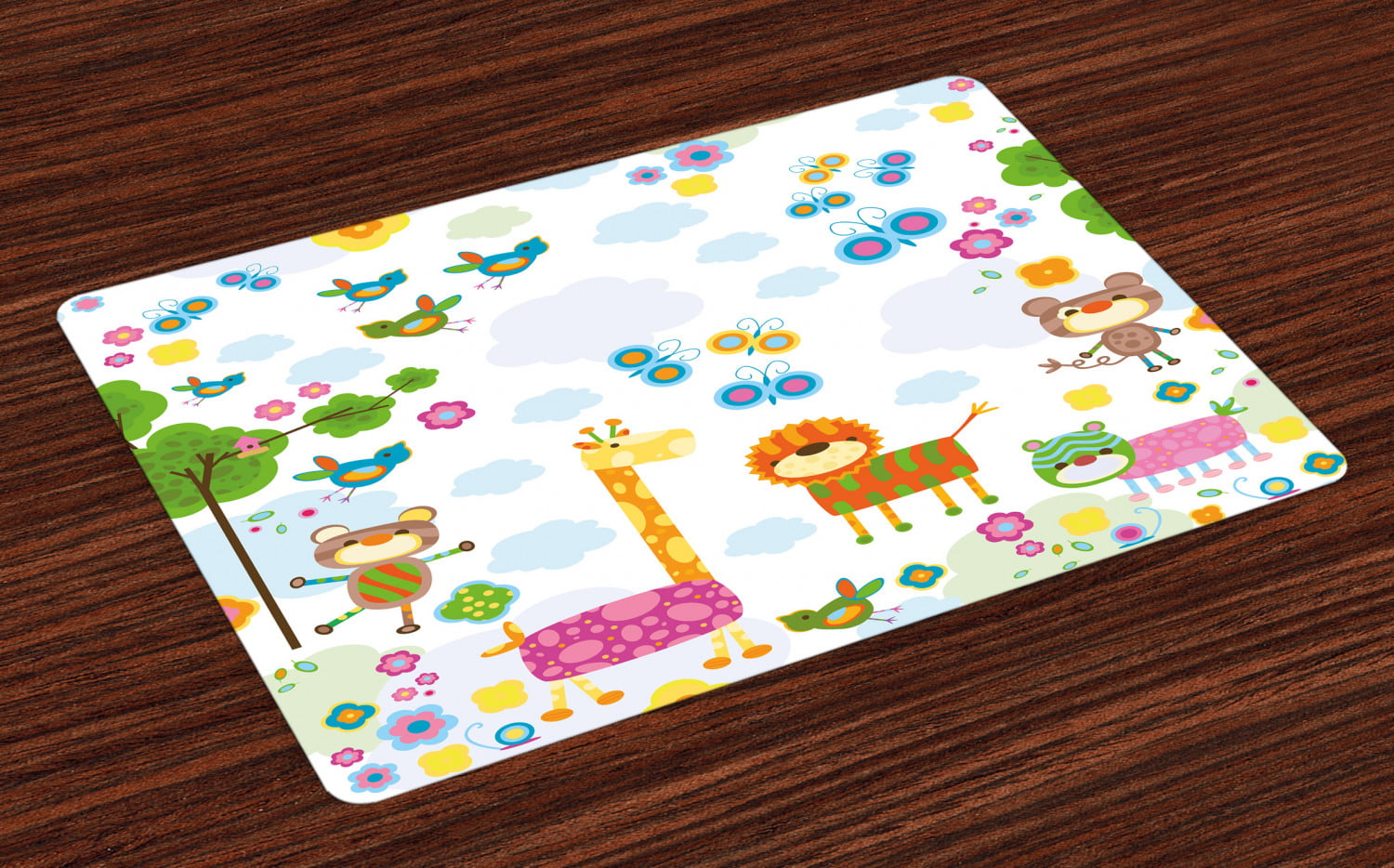 Ambesonne Nursery Place Mats Set of 4 Washable Fabric Placemats for Dining Room Kitchen Table Decor Multicolor Floral Background with Funny and Animals Giraffe Lion Monkeys and Butterflies