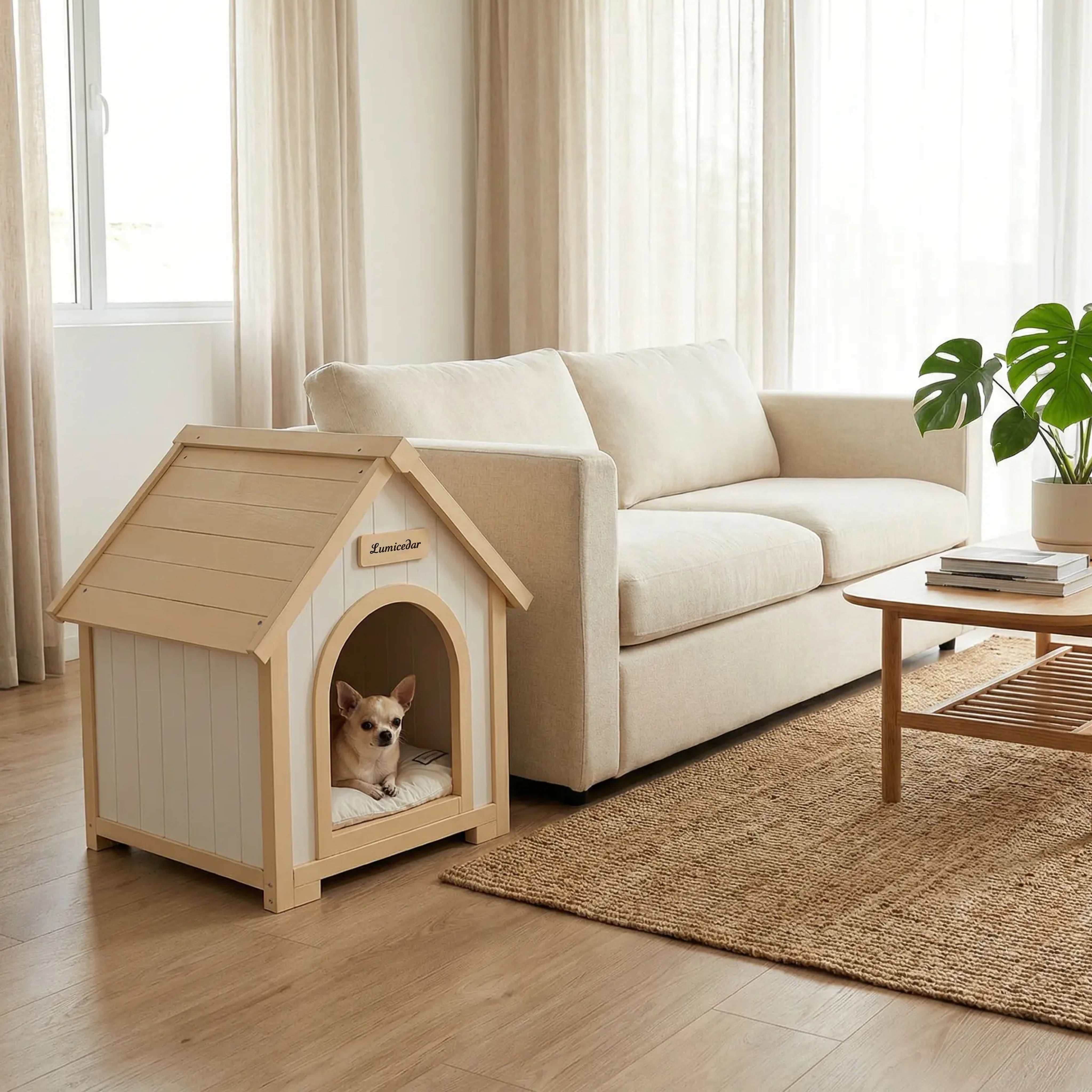 Indoor Wooden Dog House with EVA Cushion, Solid Cedar Furniture-Style Pet House Shelter for Small Dogs and Cats, Scandinavian Design Cozy Retreat for Living Room Bedroom, Creamy White Light Yellow