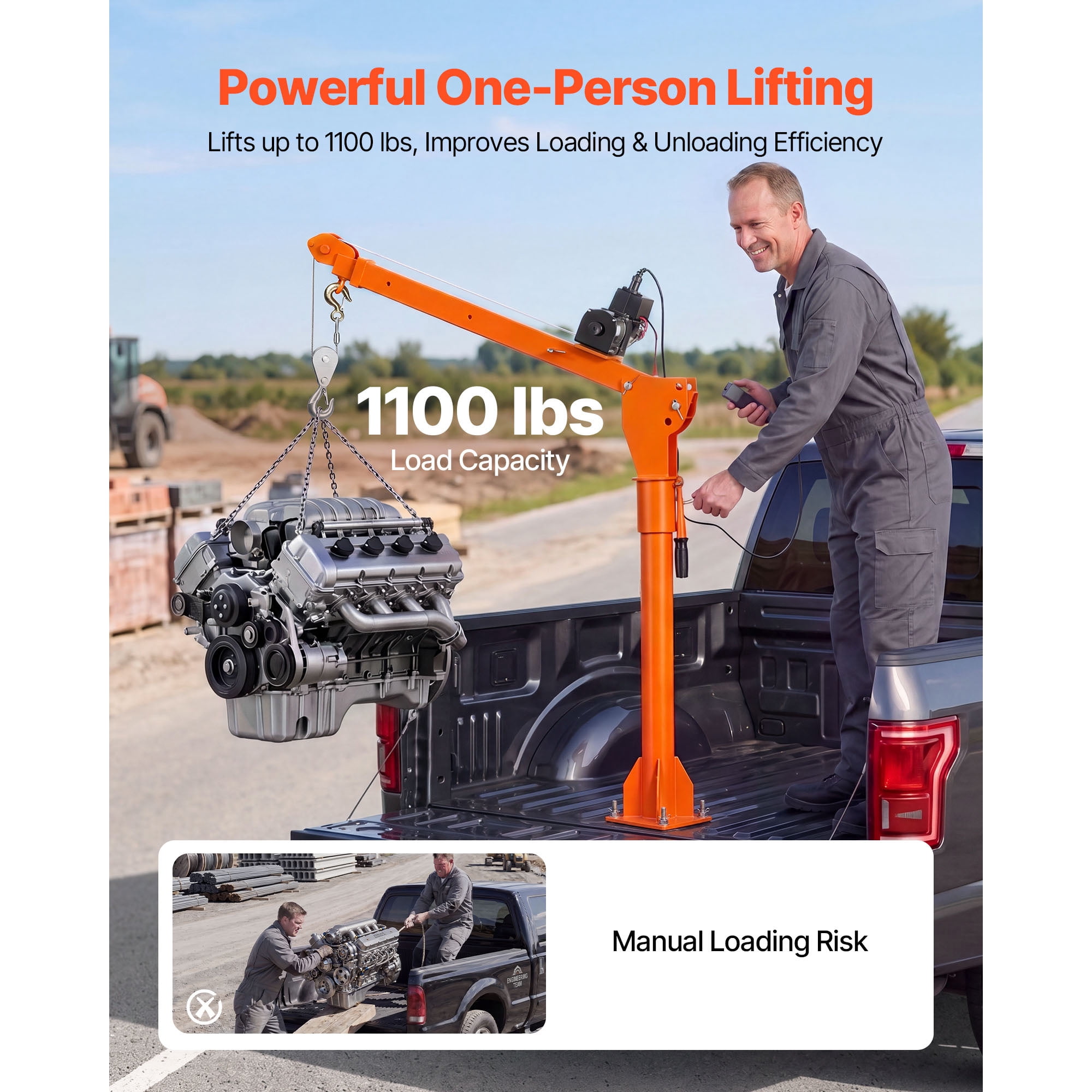 KFFKFF Electric Truck Crane, 1100 lbs Capacity with 12V 3000 lbs Electric Winch, 360° Rotating Telescopic Boom, Durable Galvanized Steel Construction, Foldable Design for Lifting Machinery and Lumber