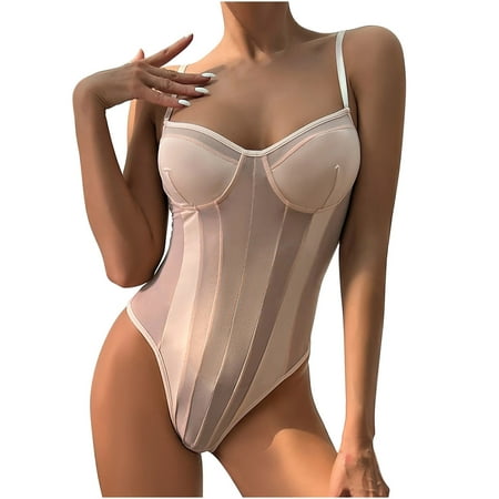 IROINNID Savings Lingerie for Women Classy See Through Sexy Backless Onesie Lace Mesh Splice Bodysuit Naughty Lingerie Pink