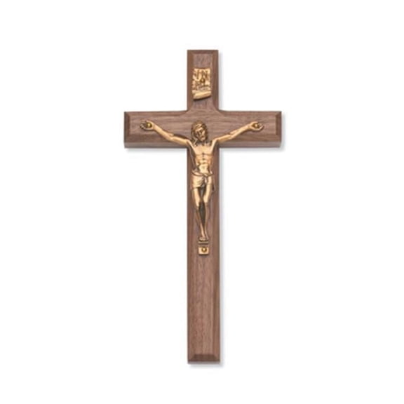 McVan 80-01 8 in. Beveled Walnut Stain Crucifix Boxed, Gold