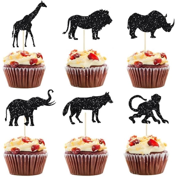 12pcs Gold Glitter Jungle Safari Animal Cupcake Toppers Birthday Wedding Party Decoration for Safari Animal Themed Baby Shower Birthday Party
