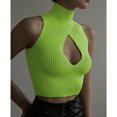 thumbnail image 2 of Camiseta sin mangas con cuello alto para mujer, Top corto sin mangas con estampado liso calado en el pecho para primavera, verano, otoño, verde hierba S, 2 of 5