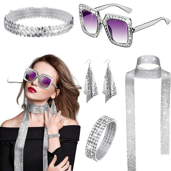 Disco Sequin Glamour Set with Style Headband Sunglasses Statement Necklace Earrings Rhinestone Scarf and Elegant Bracelet Accessories