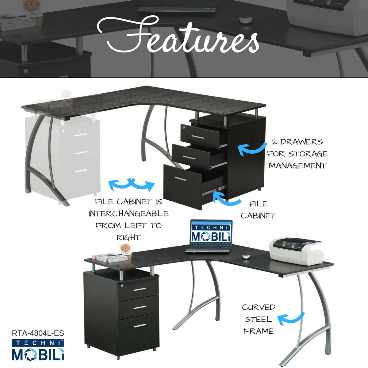 Techni Mobili Modern L Shape Corner Desk With File Cabinet And Techni Mobili Modern L Shape Corner Desk With File Cabinet And Storage Espresso Com