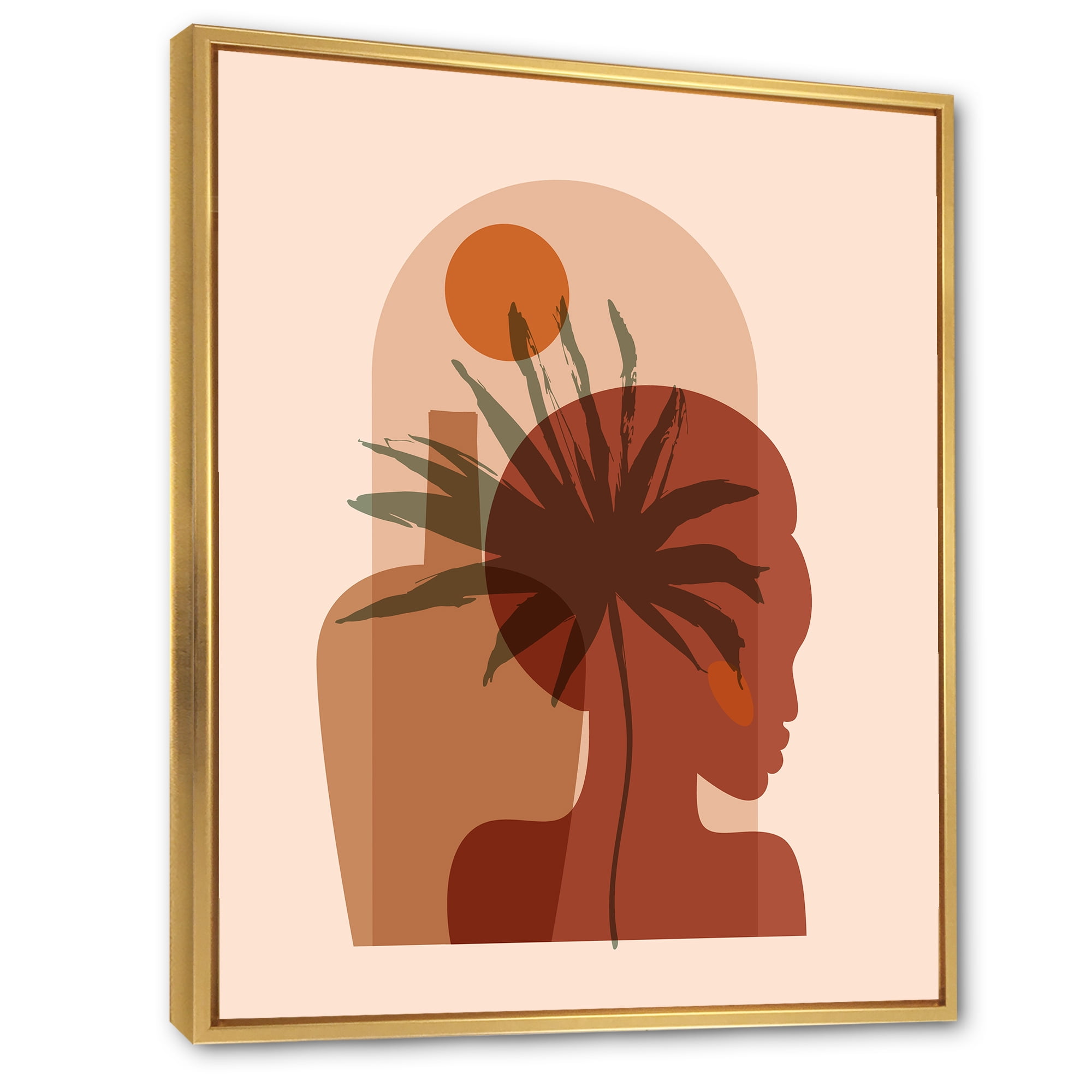 Designart 'Abstract Pretty Girl Portrait and Tropical Palm Leaf' Modern Framed Canvas Wall Art Print