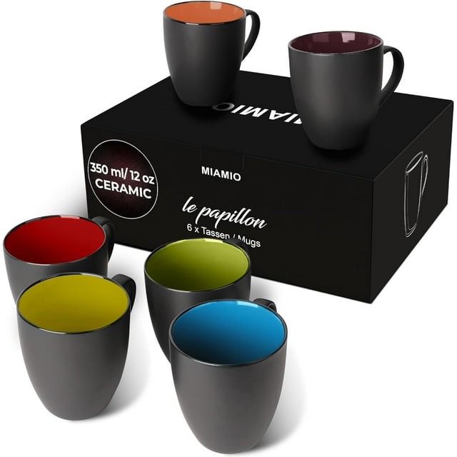 MIAMIO - 6 x 350 ml Stoneware Coffee Mug/Cup Set - Le Papillon Collection (Black-Colorful)