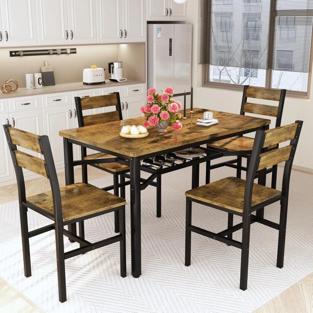 Stmoze Wooden Dining Table Set for 4, 5 Pieces Kitchen Table and Chairs Set with Storage Rack, Space Saving Dining Room Table and Chairs, 4 Seater Dinner Table Set for Home, Kitchen, Rustic Brown