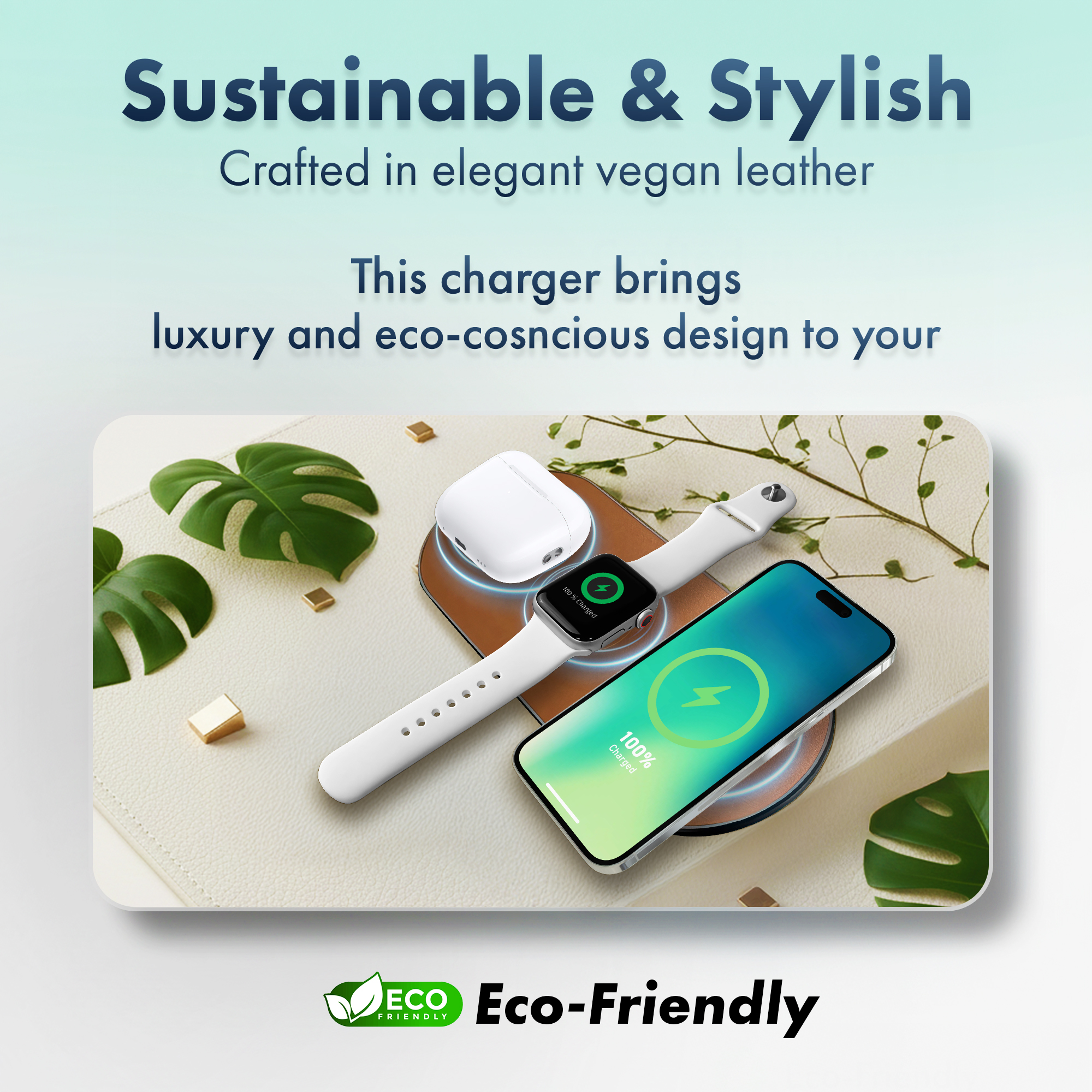 MVMT 15W Wireless Charging Pad Premium Vegan Leather 3-in-1 Fast Charger for Phone, AirPods & Apple Watch