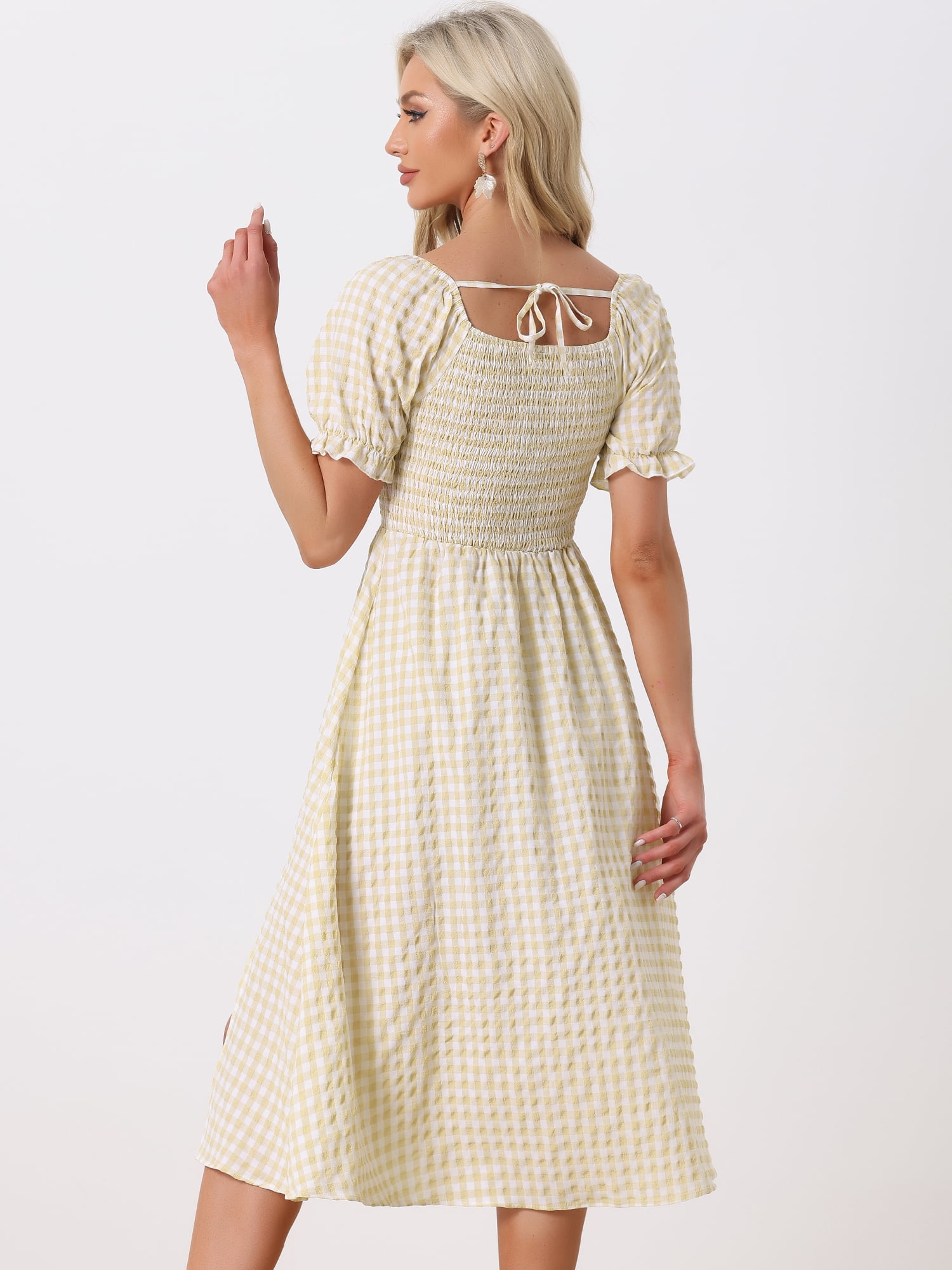 DARING DIVA Puff Sleeve Square Neck Gingham Dress L Light Yellow