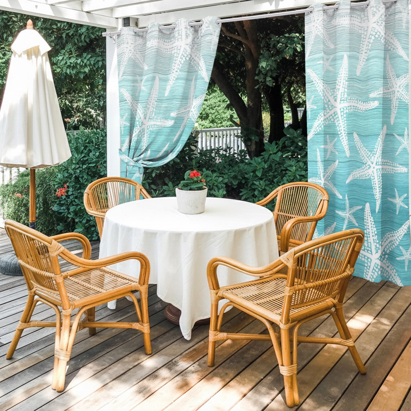 Coastal Teal Starfish Outdoor Curtains for Patio, Nautical Ocean Summer Minimalist Gradient Sunshade Privacy Drapes Grommet Waterproof Outside Curtains for Porch/Cabana/Balcony 54"x 108", 1 Panel