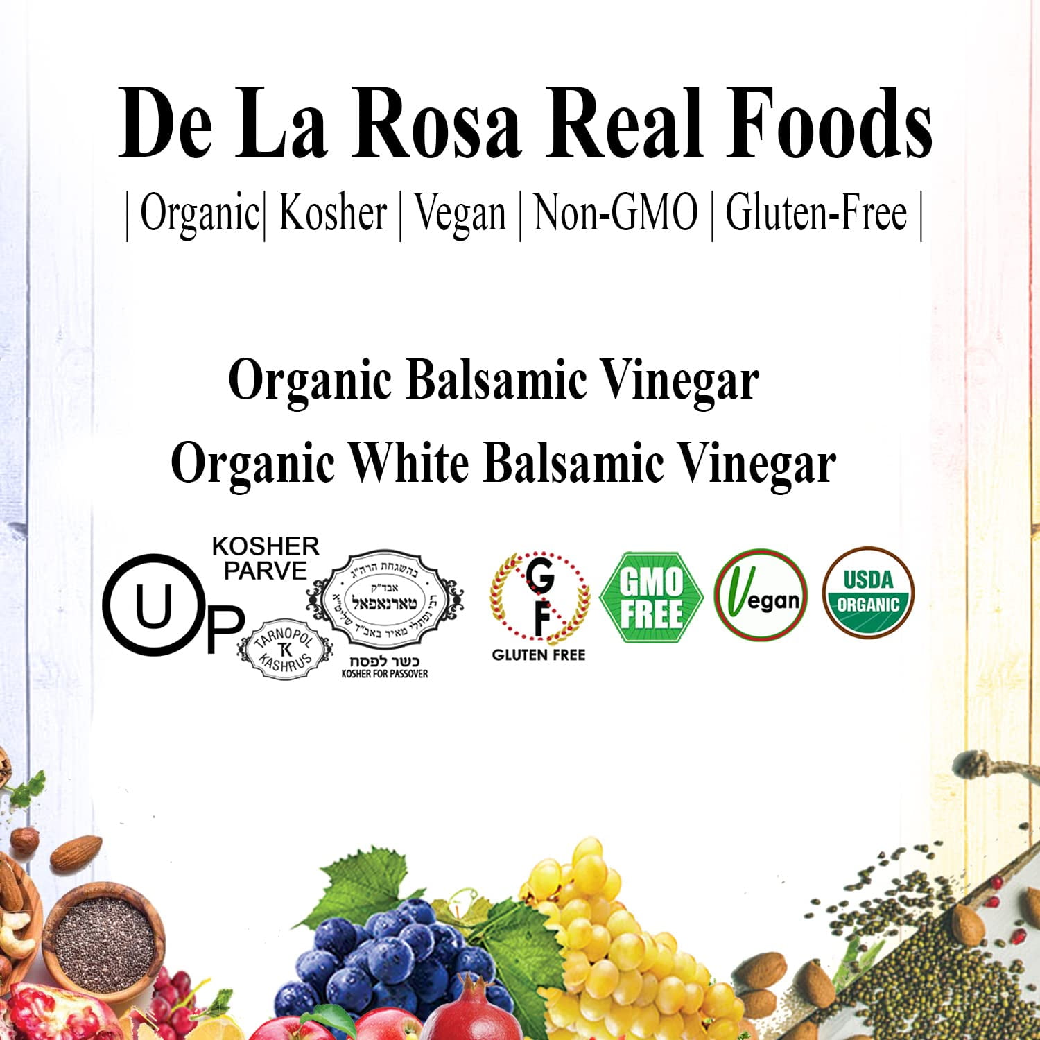 De La Rosa 613 Organic Balsamic & White Balsamic Vinegar, Kosher for Passover, Vegan, Non-GMO & Gluten-Free, 16.9 Oz (Pack of 2)