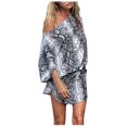 thumbnail image 1 of Mini vestido de playa con estampado de moda para mujer, Mini vestido de vendaje con cinturón de media manga y cuello sesgado Pompotops ghjkhdj12684, 1 of 9