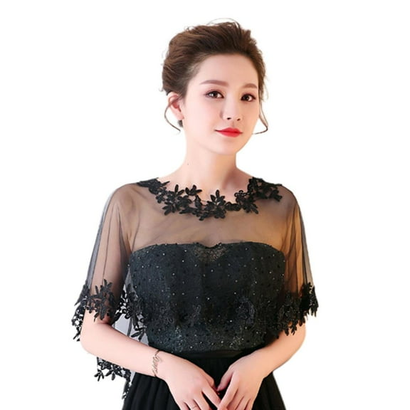 lanema Women Single Layer Sheer High Low Wedding Shawl Wrap Floral Lace Applique Splici