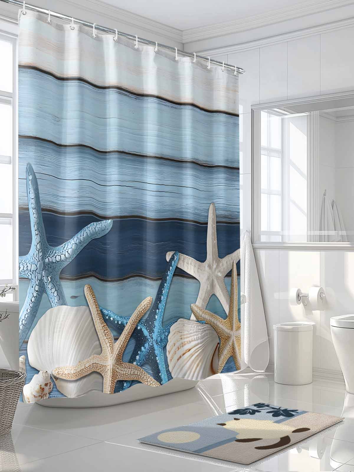 Vintage Coastal Shower Curtain, Wood Texture Starfish Shell Bathroom Decor Curtains Set with Hooks, Aqua Blue Ivory Waterproof Fabric Home Accessories， 72 X 72 Inch Long