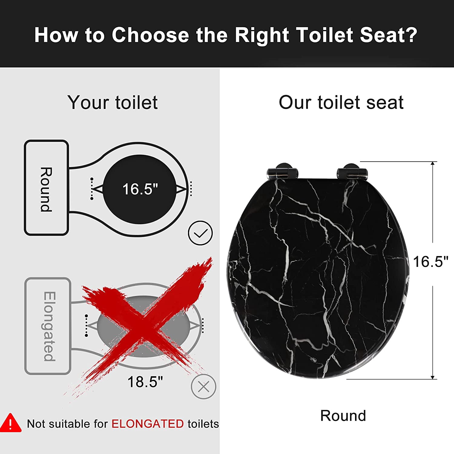 Marble Toilet Seat Durable Molded Wood with Quiet Close,Easy Clean，Quick-Release Hinges (Round,Black Marble)