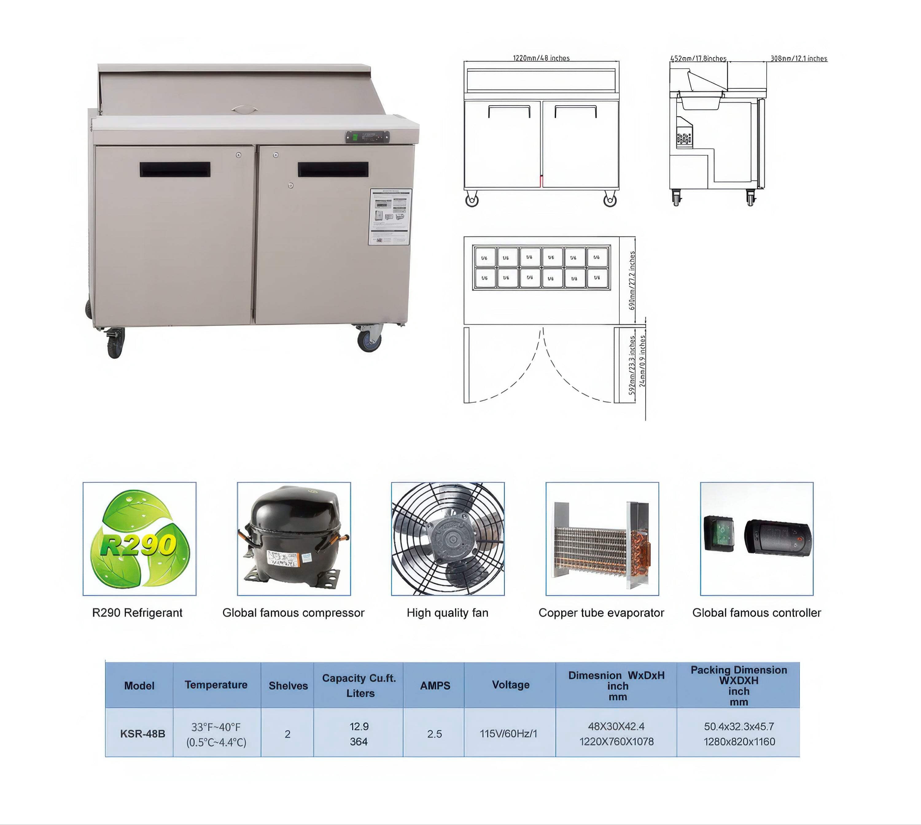 DURING D-KSR-48B 48" 2-Door Sandwich  Salad Prep Table Commercial Refrigerator in Stainless Steel