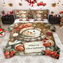 Manfei Kids Cute Snowman 7pcs Bedding Comforter Set, Magic Christmas Queen Bedding Sets, Winter Rustic Flower Plant Reversible Queen Sheet Sets, Luxury Bedroom Decor