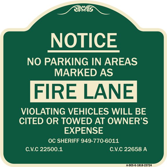 SignMission Designer Series Sign - No Parking in Areas Marked as Fire Lane CVC Section 22500.1 and 22658 A | Green & Tan 18" X 18" Heavy-Gauge Aluminum Architectural Sign | Made in the