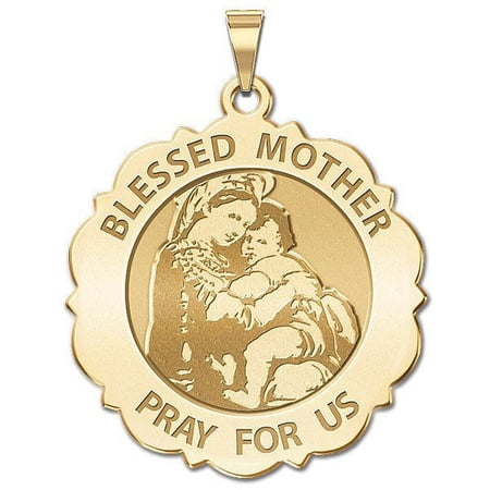 Picturesongold.Com Blessed Mother Virgin Mary Religious Medal Necklace Pendants - 2/3 inch Size of Dime, Solid 14K Yellow Gold