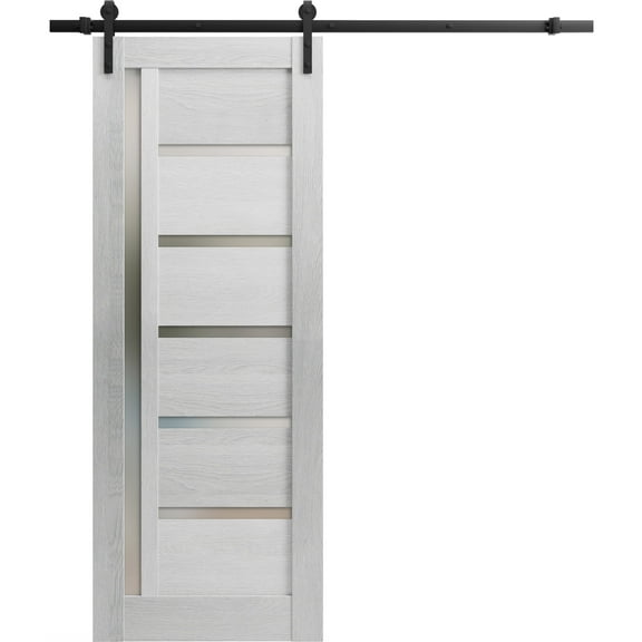Sturdy Barn Door 28 x 80 inches | Quadro 4088 Light Grey Oak with Frosted Glass | 6.6FT Rail Hangers Heavy Hardware Set | Solid Panel Interior Doors