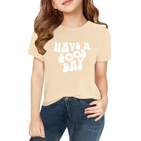 KAUOD Girls Short Sleeve Shirts Cute Letter Print Crew Neck Kids Girls Summer Tees Tops Loose Fit Preppy Casual Comfy Blouse