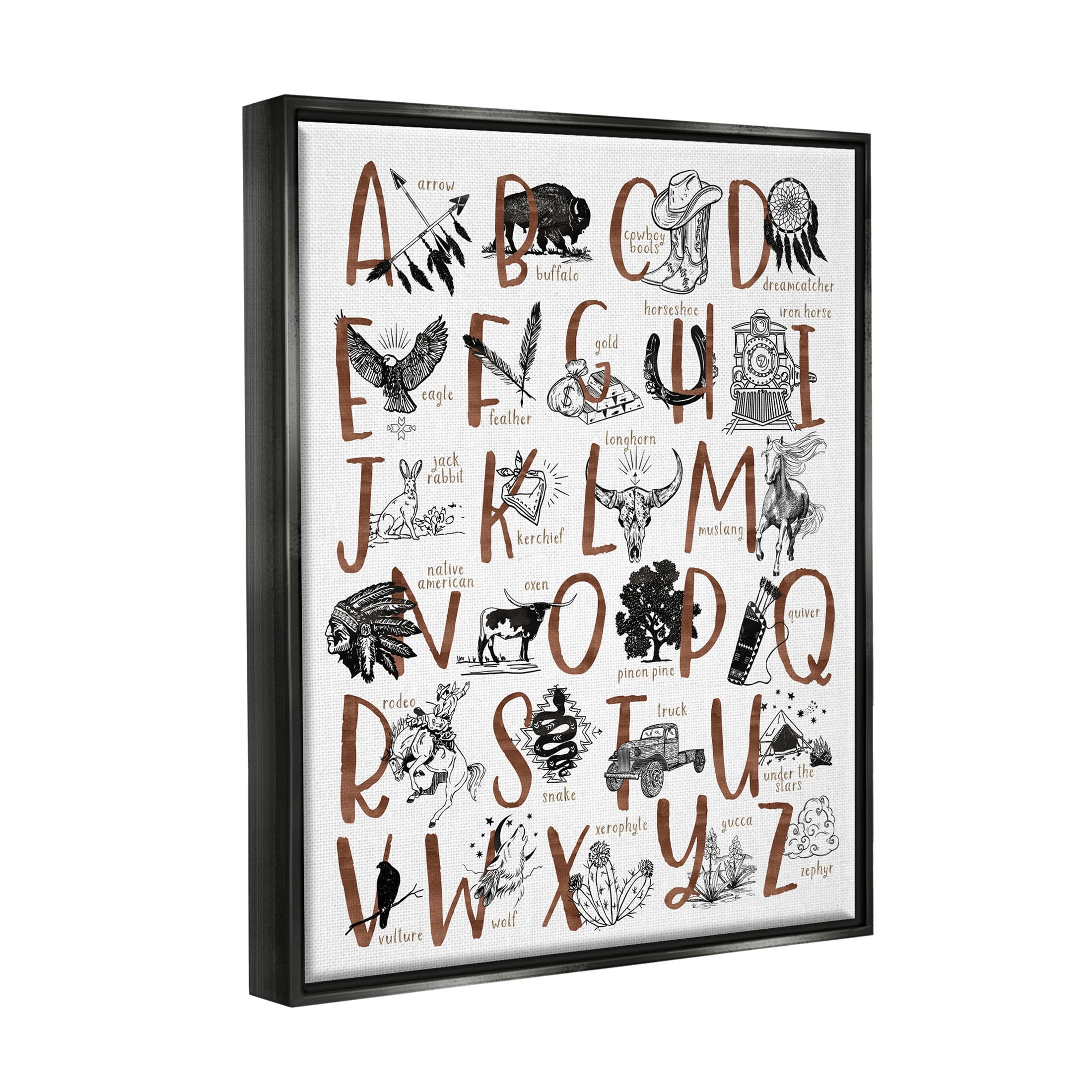Southwestern Desert Aesthetic Alphabet Animals & Insects Graphic Art Jet Black Framed Art Print Wall Art