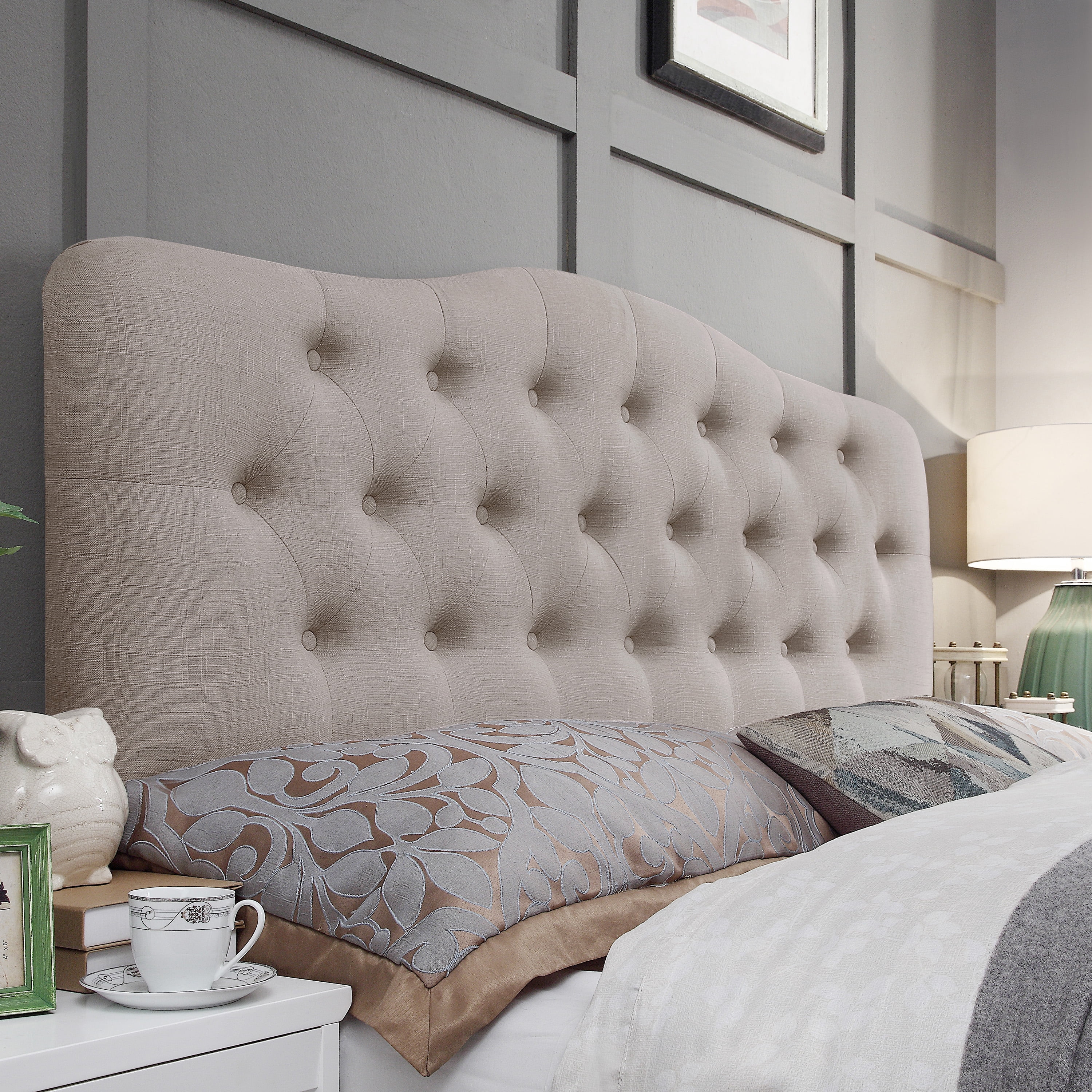 BSHTI Beige Linen Upholstered King Size Bed, Adjustable Height Headboard, Platform Bed Frame with Solid Wood Construction, Box Spring Needed