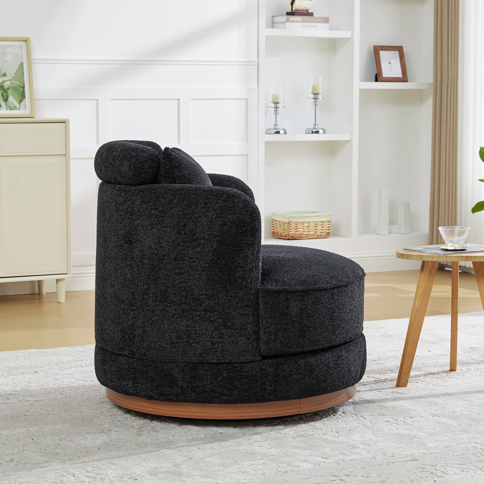 Leumius 360°Swivel Barrel Chair with 1 Plump Pillow and a Circular Wooden Base Ring, Round Chair with Removable Cushion for Living Room Bedroom Apartment,Black