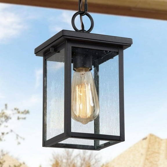 LNC 6-in Outdoor Black Seeded-Glass Hanging Lantern Pendant, Weatherproof E26 Porch Light