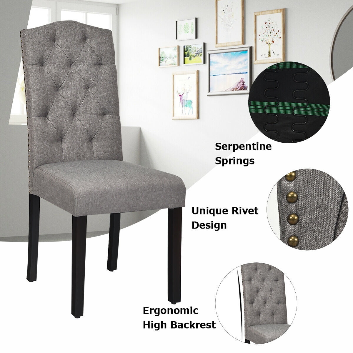 Gymax Set of 4 Tufted Upholstered Dining Chair w/ Nailhead Trim & Rubber Wooden Legs