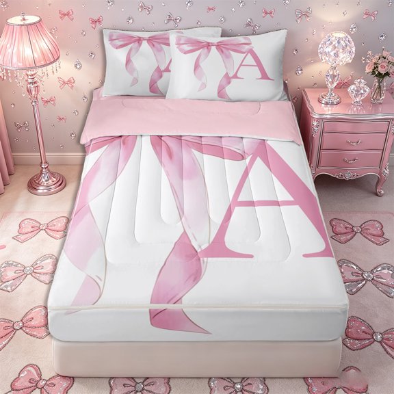 Homewish Girls Pink Bow Zipper Twin Comforter Sets with Fitted Sheet and 2 Pillowcases, A Letter Zipper Bedding Set, Princess Style Bedroom Decor,4-Piece, Pink Reversible