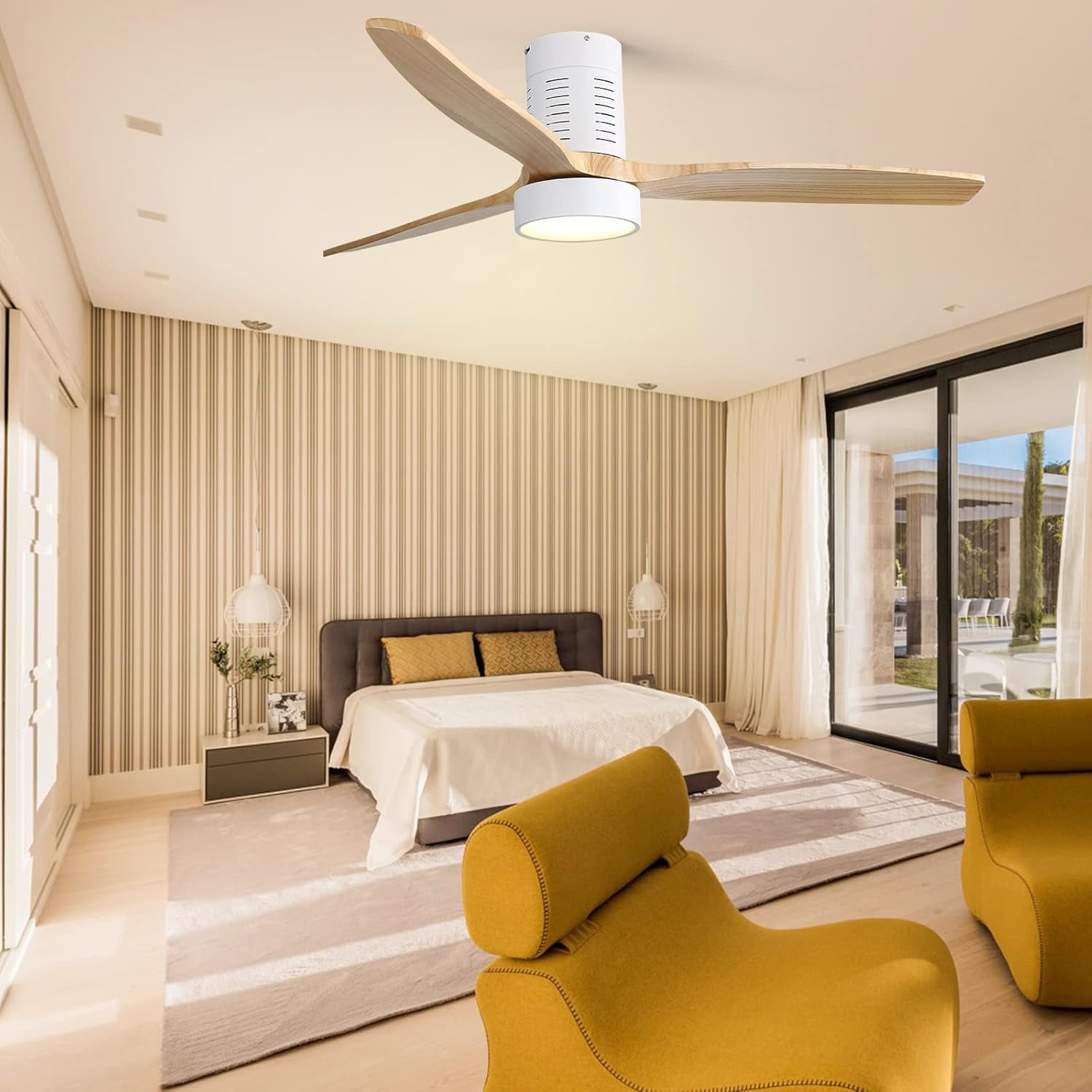 Sofucor 52 In Ceiling Fan Flush Mount Modern Wood Blades With Light Remote - 6 Speed, LED
